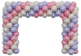 3D render balloon frame entrance. Purple, pink and white metallic Balloons in the Shape of square, Gate, or Portal isolate on a white background. 3d png illustration.