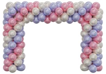 3D render balloon frame entrance. Purple, pink and white metallic Balloons in the Shape of square, Gate, or Portal isolate on a white background. 3d png illustration.