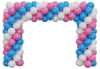 3D render balloon frame entrance. Blue, pink and white Balloons in the Shape of square, Gate, or Portal isolate on a white background. 3d png illustration.
