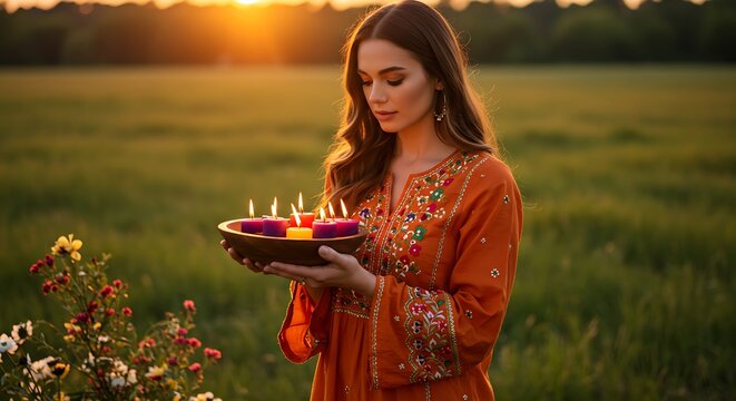 Woman in a vibrant orange kurta with intricate embroidery holding a vessel with flames in a field at sundown. - Powered by Adobe