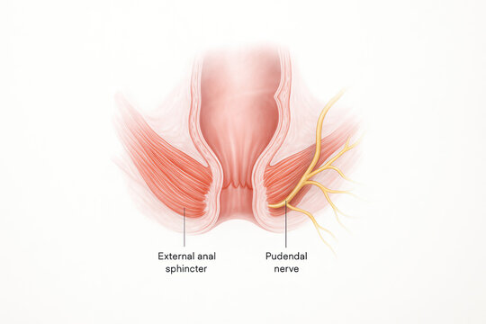 Anatomical illustration of the external anal sphincter and pudendal nerve