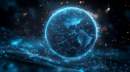 Glowing blue digital sphere with earth inside and starry background