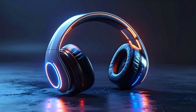 Futuristic headphones illuminated by vibrant neon lights