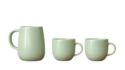Three pastel green ceramic mugs of varying sizes, isolated on transparent background, showcasing minimalist design and clean lines for modern kitchenware or beverage presentation