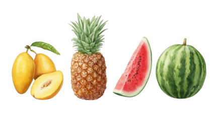A vibrant watercolor illustration featuring a collection of fresh fruits including loquats, a pineapple, a slice of watermelon, and a whole watermelon, all isolated on a transparent background