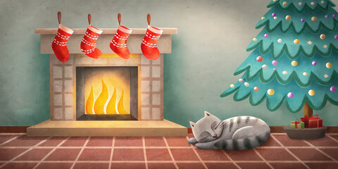 Cozy holiday lifestyle scene with Christmas tree, fireplace, stockings, and sleeping cat creating warm festive atmosphere