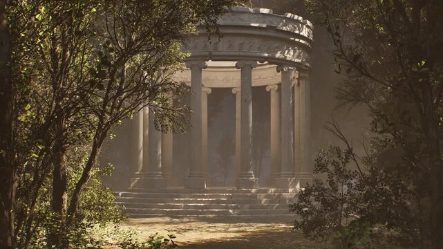 Ancient greek temple ruins in an enchanted forest