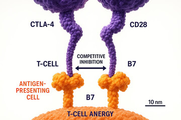 Illustration of CTLA-4 and CD28 protein interactions with B7 on an antigen-presenting cell, illustrating competitive inhibition and T-cell anergy.