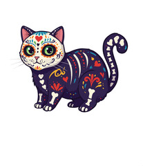 Colorful Día de los Muertos Cat with Sugar Skull Design - Mexican Holiday Vector Illustration