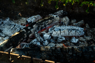 Obraz premium Charred firewood glowing with red embers and white ash in open flame during outdoor burning. The quiet transformation of matter as wood turns to flame ash and ember in elemental cycle of fire.