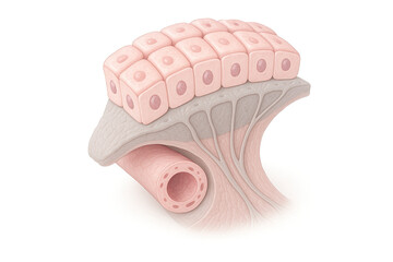 Medical illustration of epithelial cells, connective tissue, and blood vessel