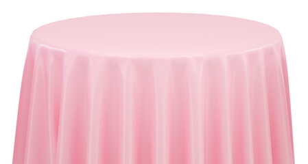 Pink Round Table with Tablecloth Isolated on white Background. Meeting room table clothes. Pink tablecloths in various fabrics. 3D png illustration.