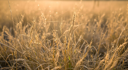 Fototapeta premium Golden dry grass field in soft morning sunlight, with dew drops glistening on the stalks, creating a serene and natural atmosphere