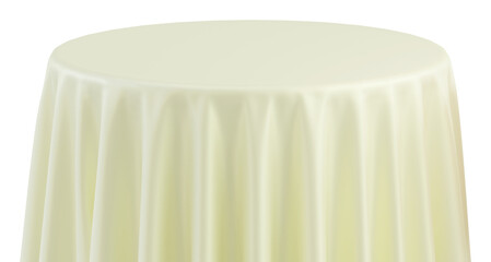 Cream Round Table with Tablecloth Isolated on white Background. Meeting room table clothes. White tablecloths in various fabrics. 3D png illustration.