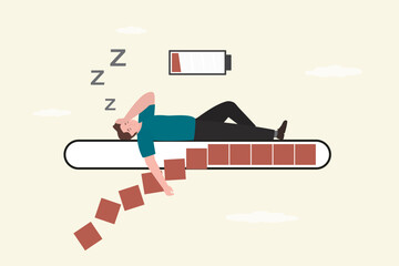 Depressed businessman sleeping on loading bar. Empty battery. Wasting time in vain. Lost opportunities, lost profit. Bad time management. Tired employee, fatigue,