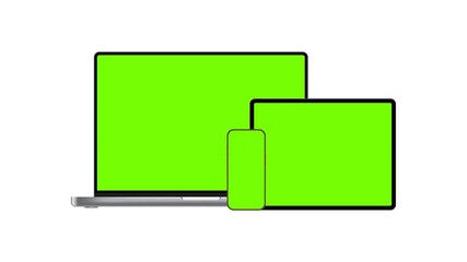Animated silver laptop, tablet and smartphone mockup with green screens and zoom effect. Perfect for app design, UI presentation, digital marketing and advertising projects