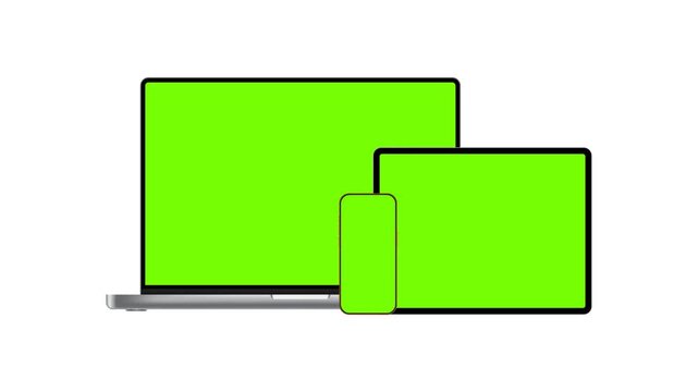 Animated silver laptop, tablet and smartphone mockup with green screens and zoom effect. Perfect for app design, UI presentation, digital marketing and advertising projects
