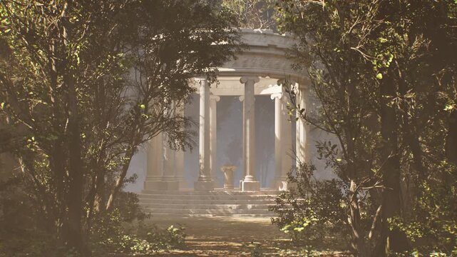 Ancient greek temple ruins in an enchanted forest
