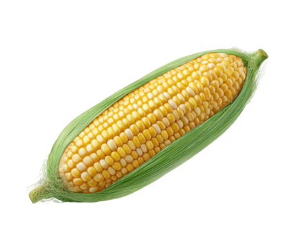 A fresh ear of corn with green husk peeled back, showcasing rows of yellow kernels, isolated on transparent background