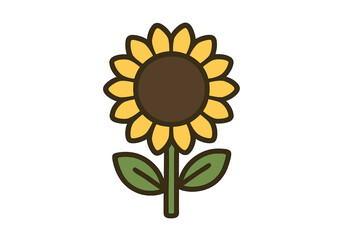Bright sunflower icon flat style vector cartoon flower symbol with yellow petals green leaves stem nature spring summer eco decorative illustration