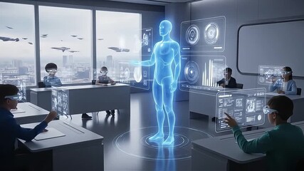 Students engage with holographic human anatomy in a futuristic classroom learning about health and science with interactive AR displays - Powered by Adobe