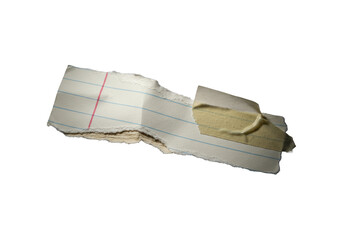 Meticulously hand-torn lined paper note with jagged tear showing fibrous cross-section, vintage masking tape, isolated on transparent background, cinematic lighting. Intense focus on materiality