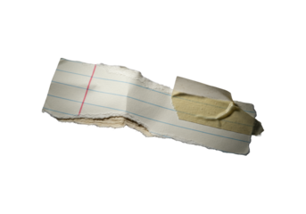 Meticulously hand-torn lined paper note with jagged tear showing fibrous cross-section, vintage masking tape, isolated on transparent background, cinematic lighting. Intense focus on materiality