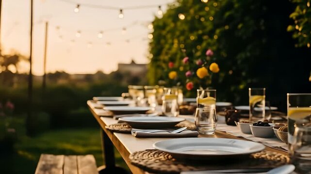 Outdoor dinner party table setting at sunset, inviting atmosphere with string lights. Celebrations, events, catering, food presentation, perfect for hospitality industry marketing. Rustic,