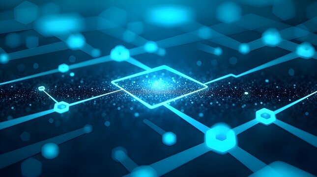 Futuristic Blue Glowing Network Connections Background, Abstract Digital Data Flow, Blockchain Technology System, Cyber Communication, Innovation, Virtual Information Infrastructure