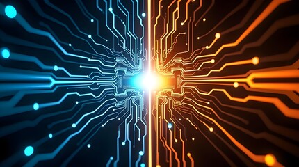 Futuristic Blue and Orange Circuit Lines Background, Abstract Digital Technology Network, Data Flow Connection, High Tech Innovation, Cyber Communication System, Virtual Energy Design