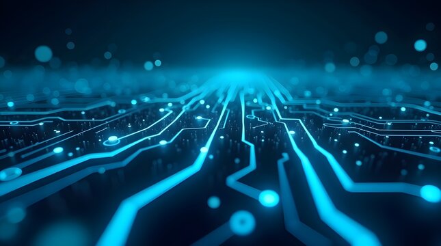 Futuristic Blue Glowing Circuit Board Background, Digital Technology Network Lines, Abstract Data Flow, High Tech Electronic Surface, Innovation Concept, Cyber Communication Design