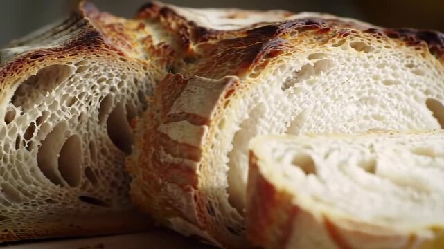 Close-up shot of sliced artisan bread on wooden surface for texture