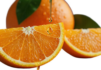 Half-cut vibrant orange, glistening pulp, bursting vesicles, oozing juice droplet, macro shot with specular highlights, transparent studio background, soft bokeh. Concept of natural freshness and