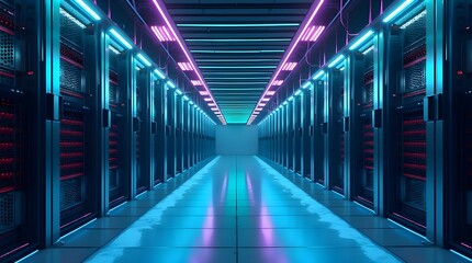 Futuristic data center server room with glowing neon lights, high speed network storage, cloud computing infrastructure, cybersecurity technology, digital hosting, and IT innovation