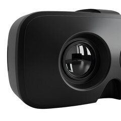 A sleek matte black VR headset with hyper-realistic multi-layered lens displaying micro-OLED pattern and smart TV reflection on transparent, precision engineering concept
