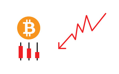Bitcoin financial market loss concept. Cryptocurrencymarket with candlestick chart, dollar sign, and red trend line graph showing market fluctuations. Illustrator vector file high resolution picture w