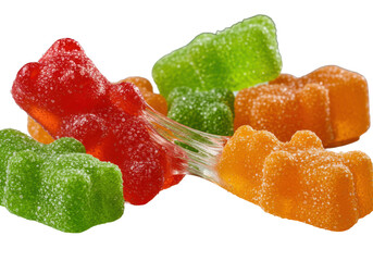 Photorealistic extreme macro shot: six plump, vibrant, jewel-toned gummy bears (red, green, orange), one stretched, one deformed, isolated on transparent. Concept for confectionery advertising
