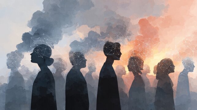 Cloud Network Community: Ethereal user silhouettes emerging from cloud formations connected by light beams in sky
