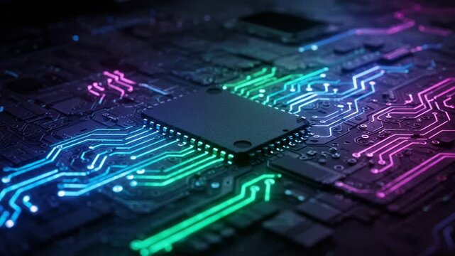 Vibrant Circuit Board with Glowing Traces and Central Processor.