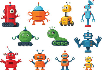 Cute and colorful cartoon robots collection with various shapes, personalities, and expressions, perfect for kids and technology