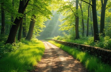 Obraz premium Sunlit forest with green trees along trail. Sunlight filters through woods illuminating path. Scenic woodland environment with nature, fresh air, sunshine during hike among rich plants.