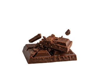 Dark chocolate bar shattering, jagged shards, cocoa dust suspended, fractured piece reveals matte outer and glistening molten inner, isolated on transparent, dramatic food concept