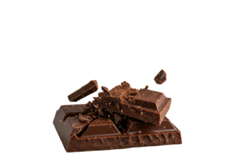 Dark chocolate bar shattering, jagged shards, cocoa dust suspended, fractured piece reveals matte outer and glistening molten inner, isolated on transparent, dramatic food concept