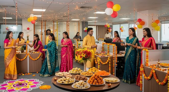 Indian workplace celebrates festival with vibrant decorations and traditional attire during a joyful gathering