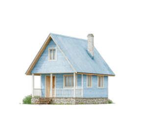 Charming light blue wooden cottage with a steep roof, a stone foundation, a small porch with white railings, and a brick chimney, isolated on transparent background