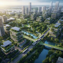 Modern city skyline with green roofs, solar panels, and urban parks