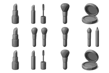 Fototapeta premium A set of Black and White 3D icons for cosmetic products, designed in gray. Everything is stylized in a minimalist design on a white background.