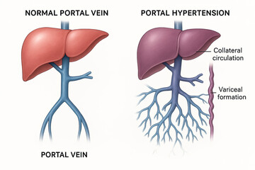 Medical illustration comparing a normal portal vein to one affected by portal hypertension, showing collateral circulation and variceal formation.