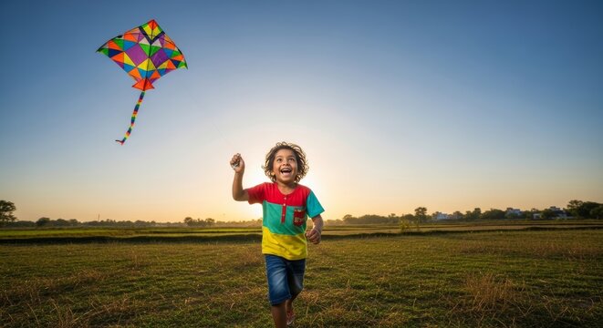 Indian child joyfully flying a colorful kite in an open field during sunset