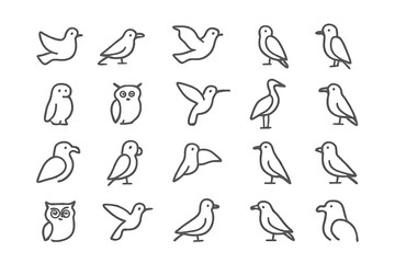 20 stylized birds in black and white, rendered in a minimalist design with contour lines. Depicted in various poses, such as flying or standing.